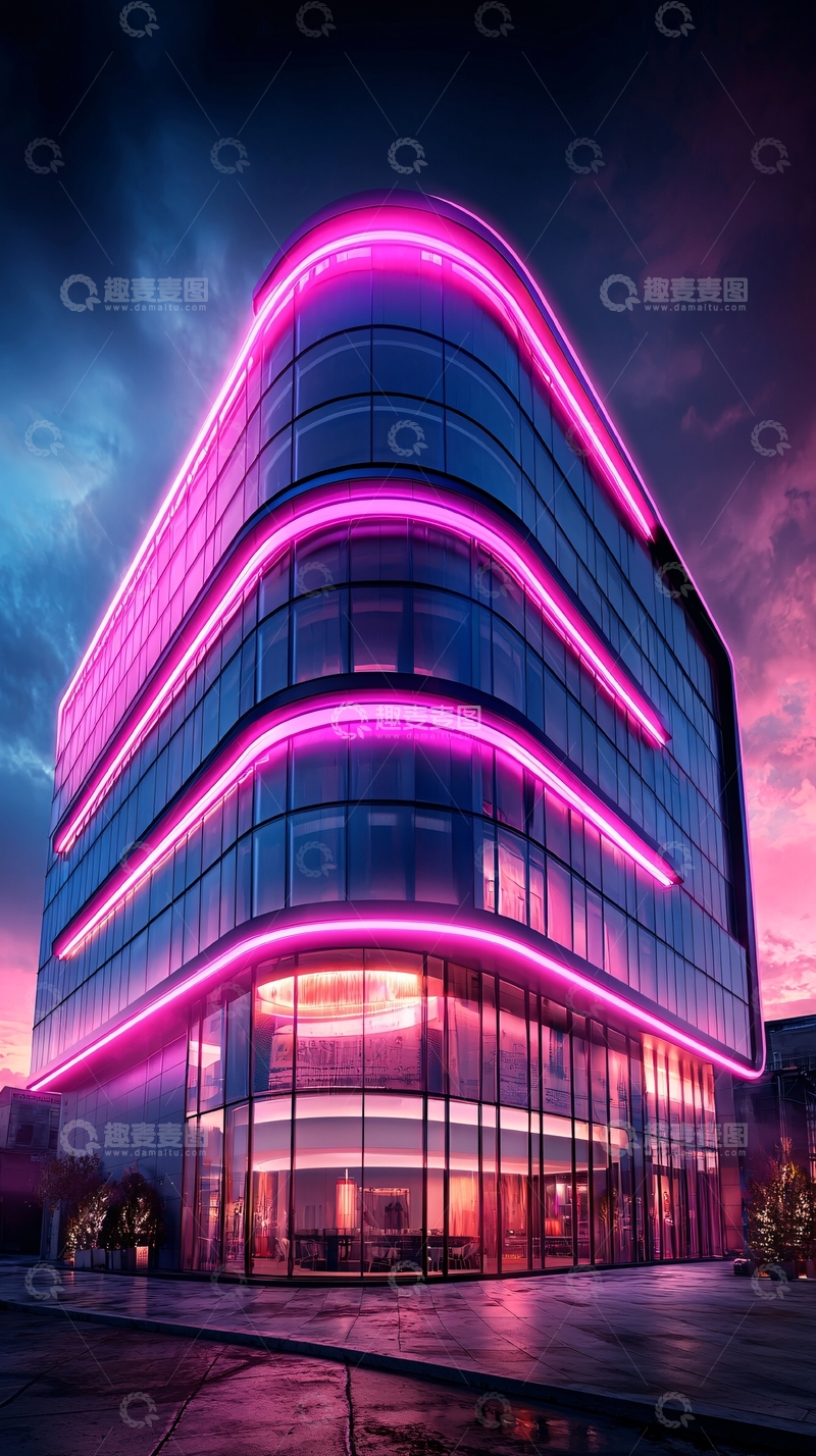 高清大图下载【趣麦麦图】霓虹灯光下的现代建筑