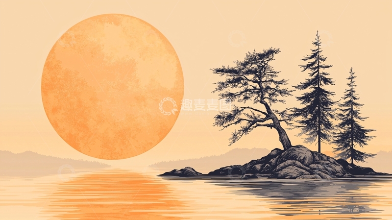 高清大图下载【趣麦麦图】夕阳下的孤岛与松树
