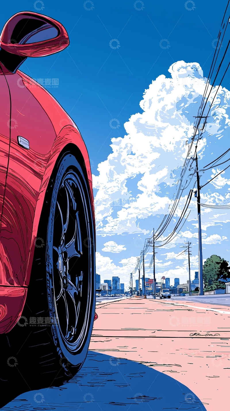 高清大图下载【趣麦麦图】红色汽车与蓝天白云