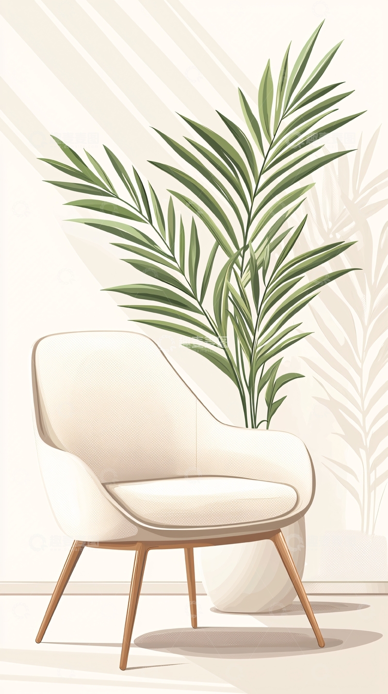 高清大图下载【趣麦麦图】现代简约沙发与植物装饰插画
