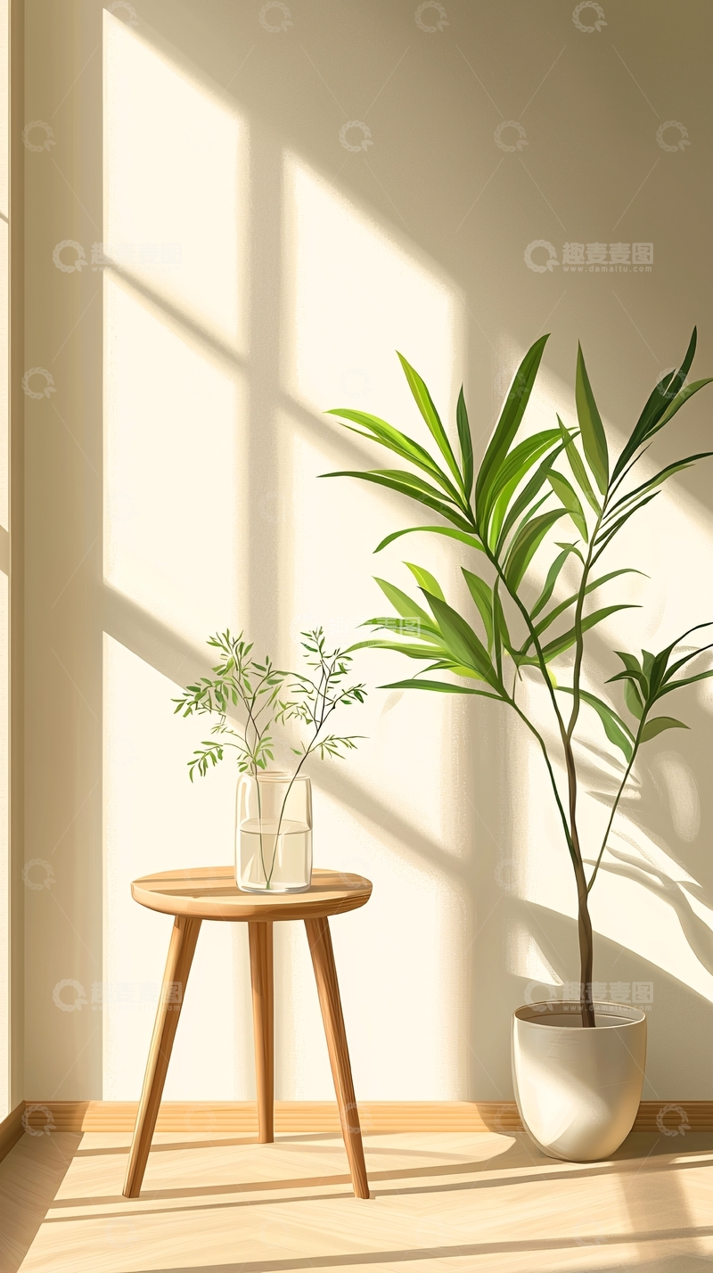 高清大图下载【趣麦麦图】阳光下的室内植物与小桌