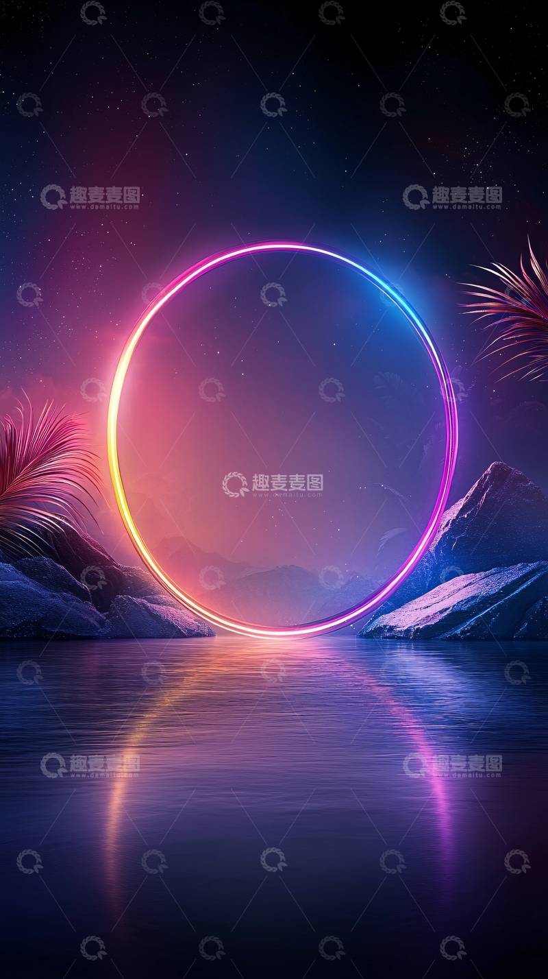 高清大图下载【趣麦麦图】霓虹光环下的梦幻湖景