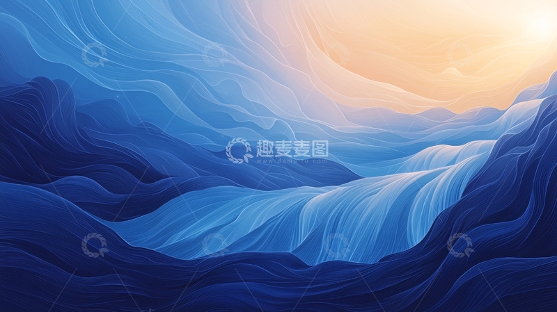 高清大图下载【趣麦麦图】蓝色山脉日落风景插画