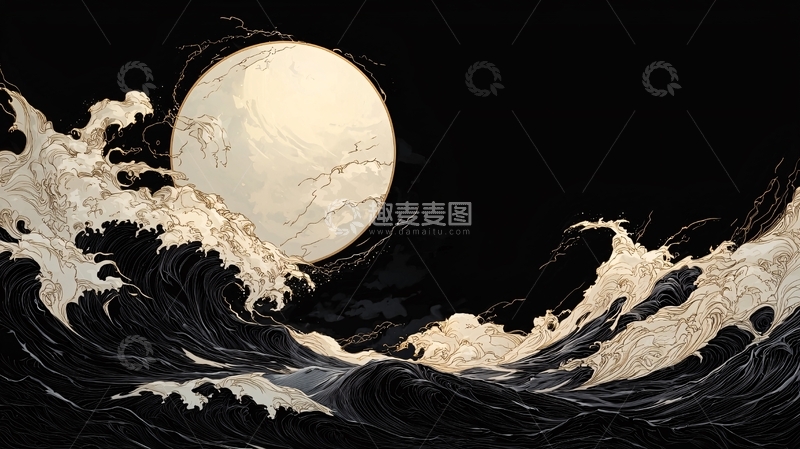 高清大图下载【趣麦麦图】月夜海浪艺术插画