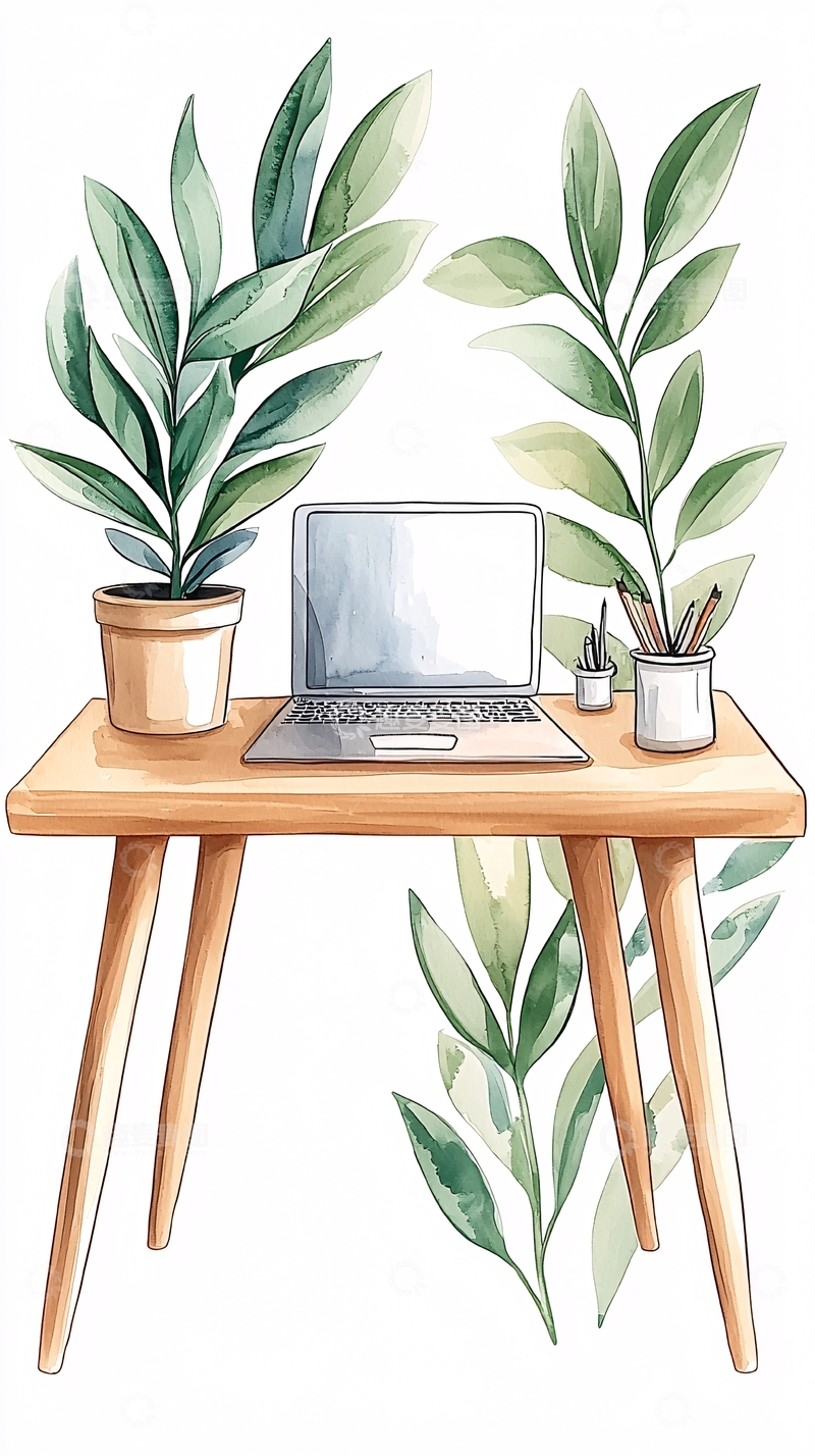 高清大图下载【趣麦麦图】清新办公桌植物装饰插画