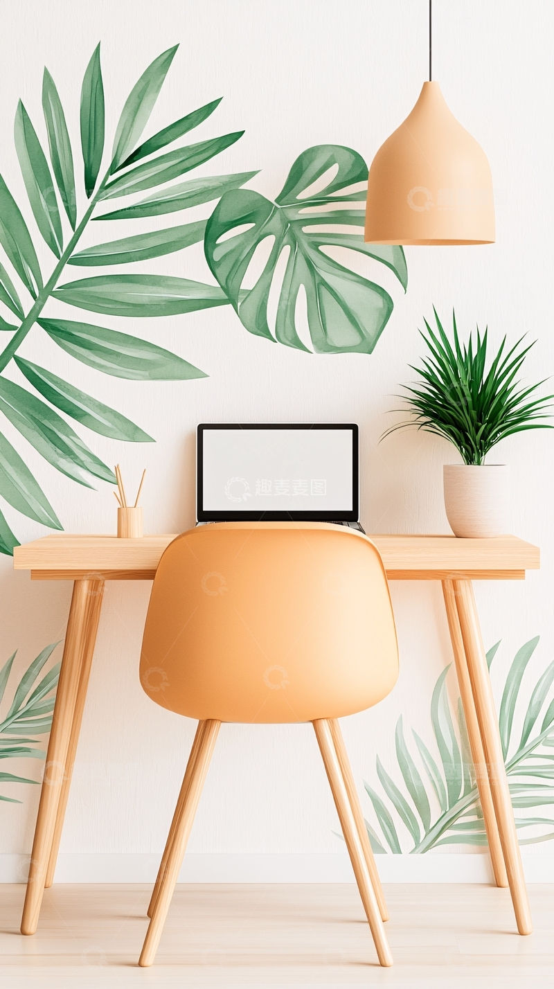 高清大图下载【趣麦麦图】简约现代办公桌椅植物装饰背景
