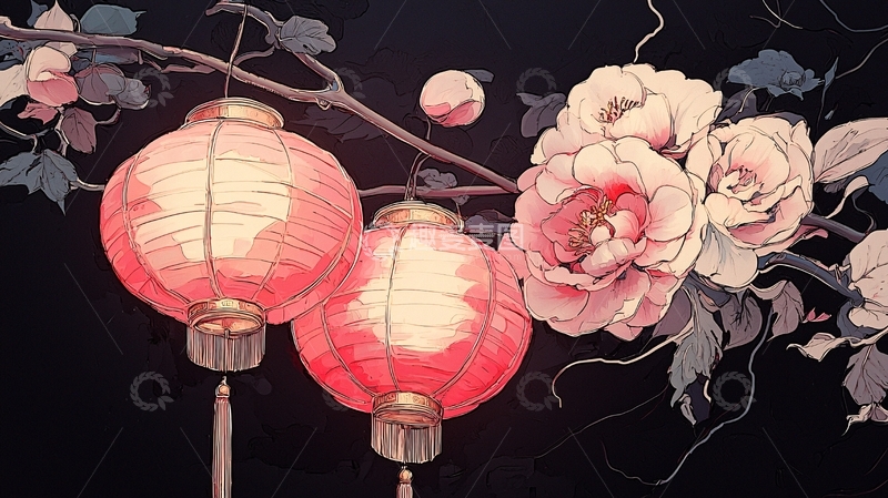 高清大图下载【趣麦麦图】灯笼与花朵的艺术插画