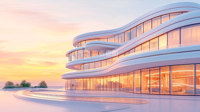 高清大图下载【趣麦麦图】现代波浪形建筑与日落风景