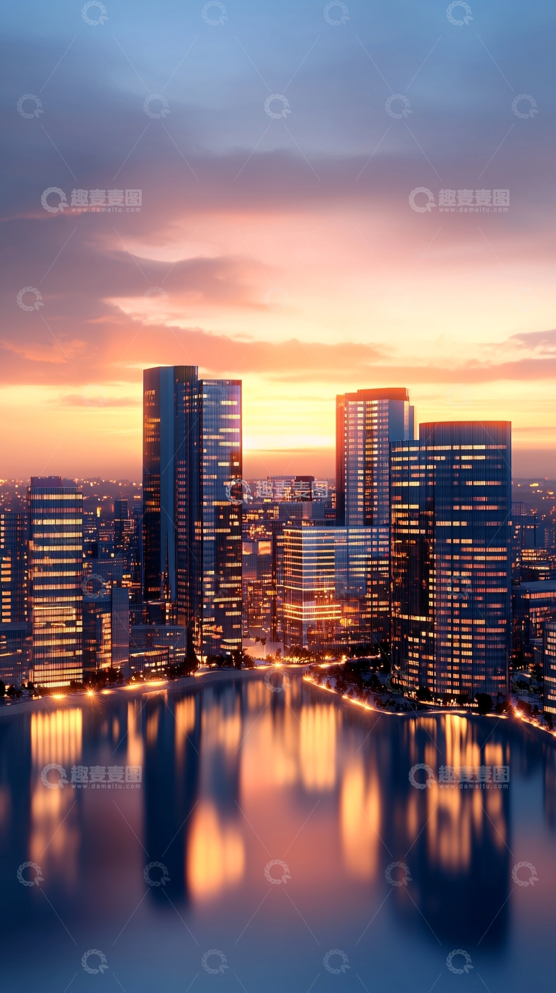 高清大图下载【趣麦麦图】现代城市日落倒影风景