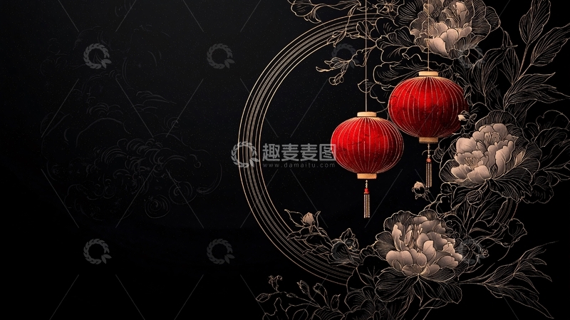 高清大图下载【趣麦麦图】中国风灯笼与花卉背景