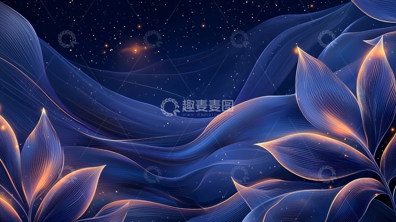 高清大图下载【趣麦麦图】梦幻星空下的蓝色波浪与花朵