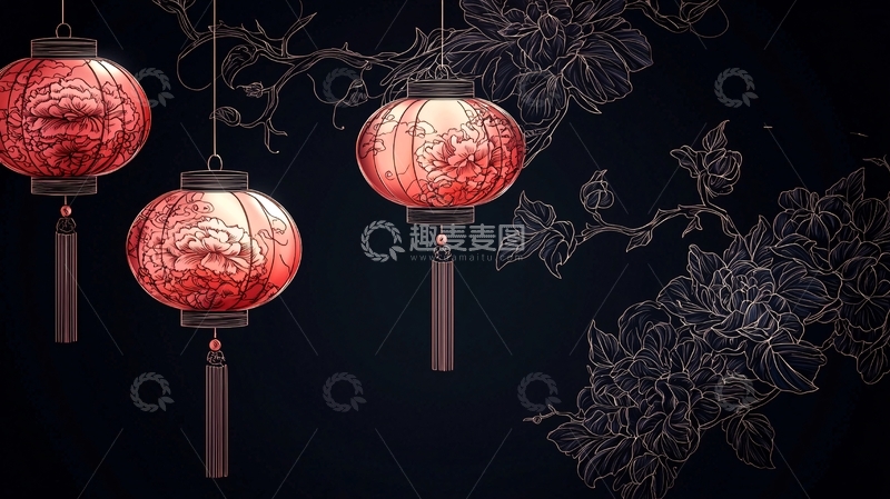 高清大图下载【趣麦麦图】中国风灯笼与花卉图案背景