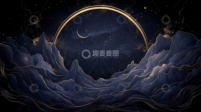 高清大图下载【趣麦麦图】夜空下的山峦与月亮