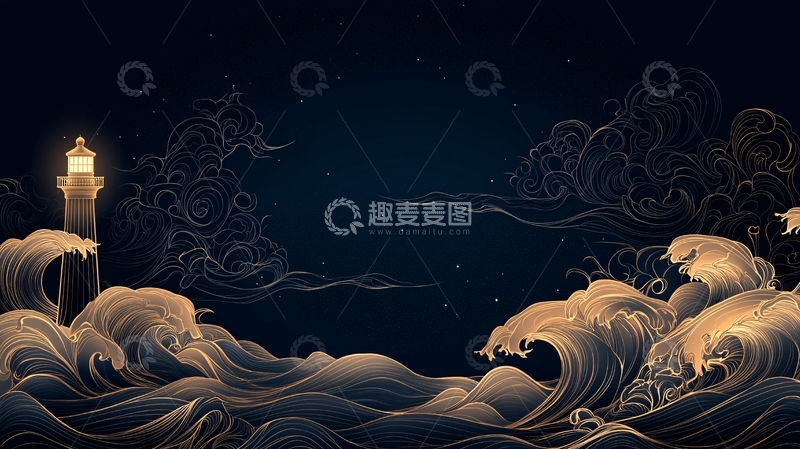 高清大图下载【趣麦麦图】夜海灯塔与波涛
