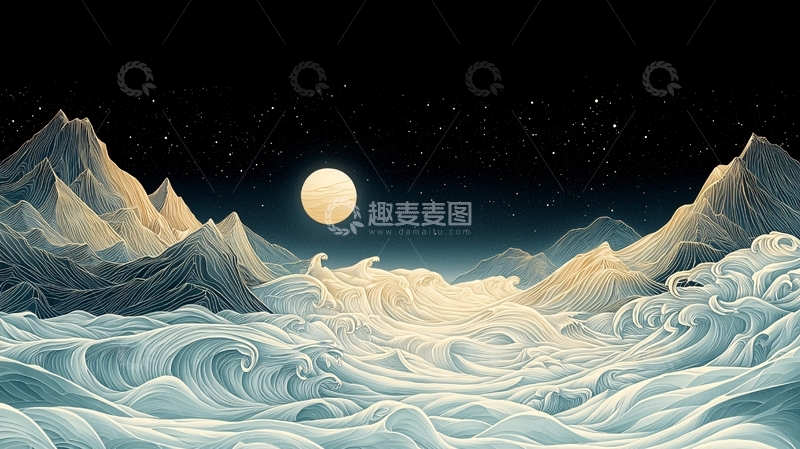 高清大图下载【趣麦麦图】夜空下的山海波涛
