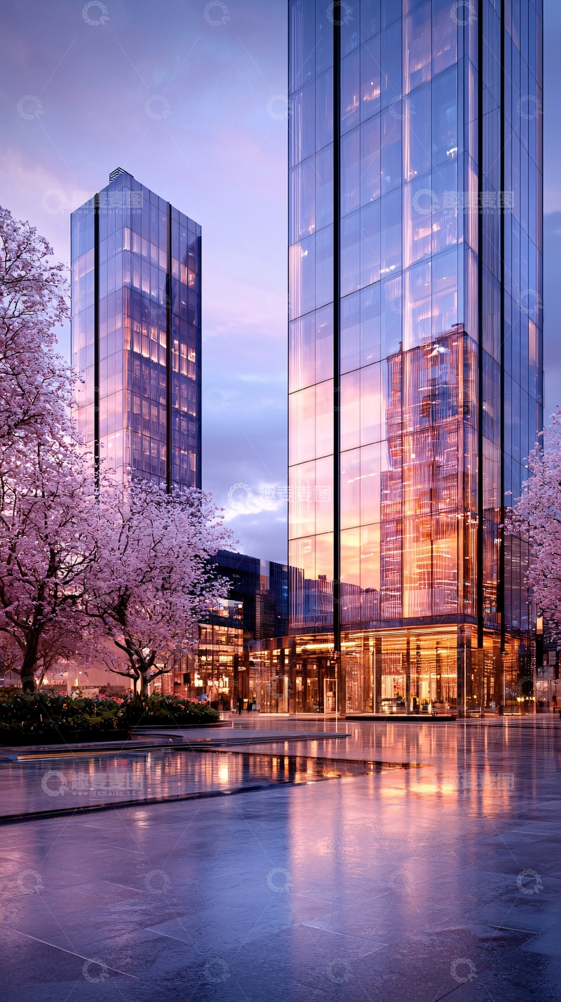 高清大图下载【趣麦麦图】现代玻璃建筑与樱花树下的夜景