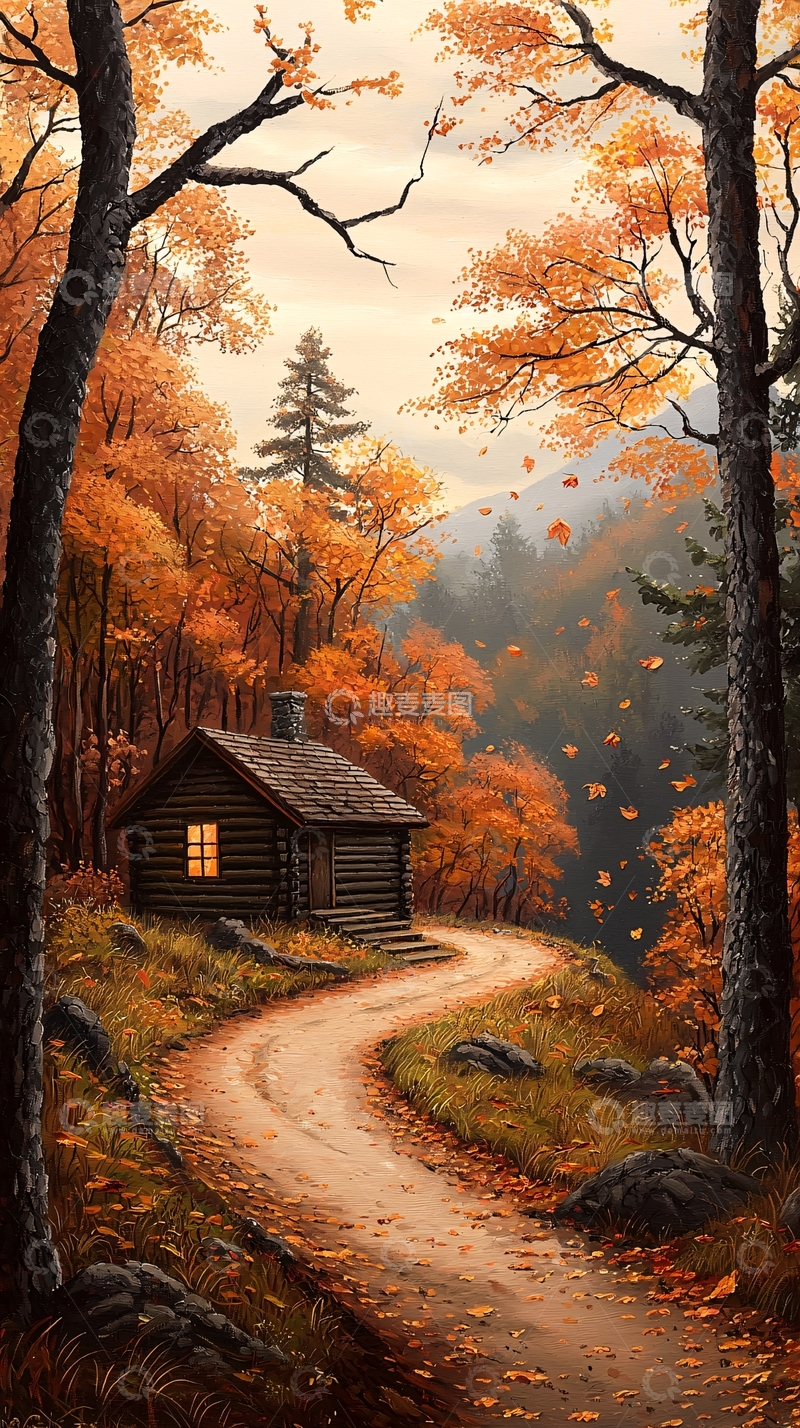 高清大图下载【趣麦麦图】秋日山间小屋风景