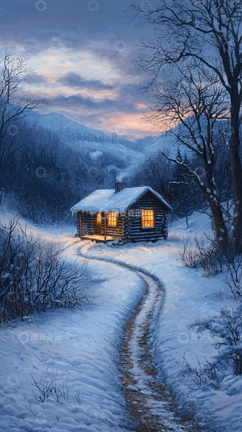高清大图下载【趣麦麦图】冬日雪景中的小木屋