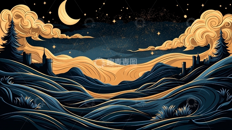 高清大图下载【趣麦麦图】月夜城堡山峦风景插画