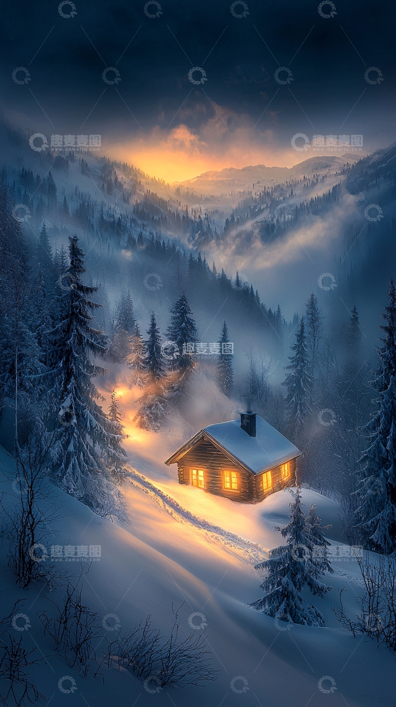 高清大图下载【趣麦麦图】冬夜山间小屋