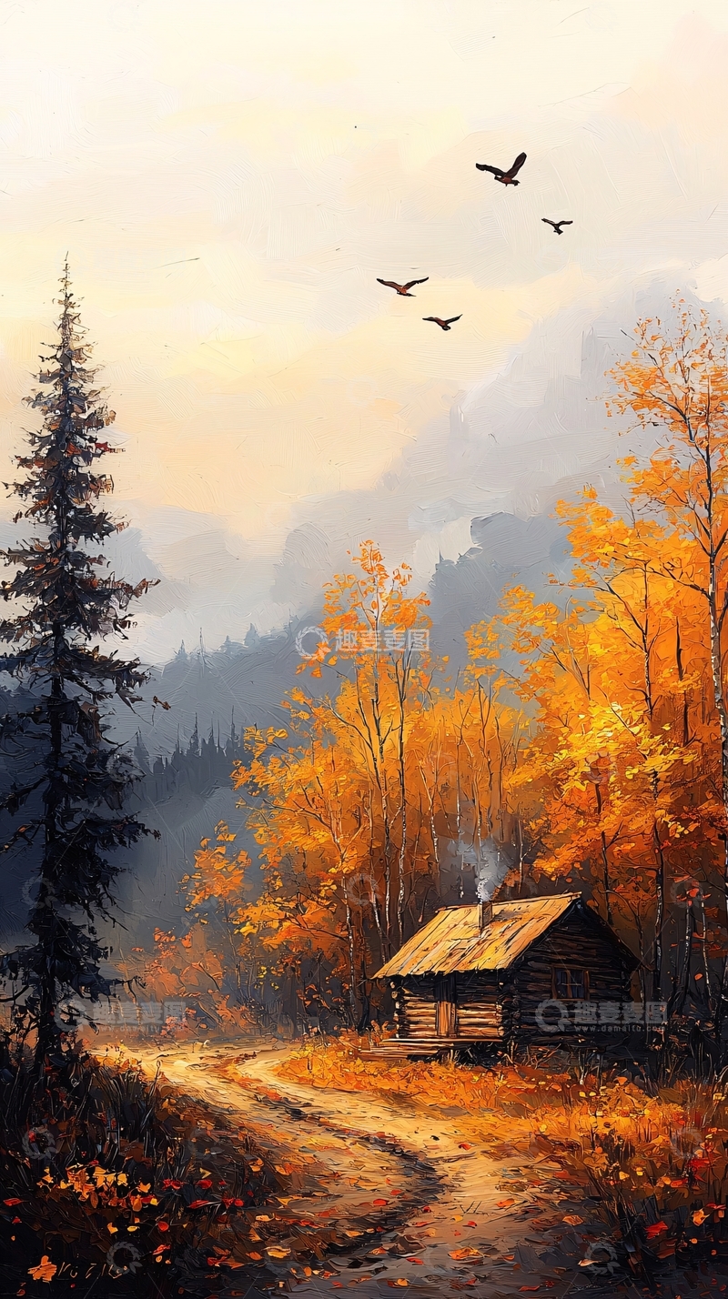 高清大图下载【趣麦麦图】秋日山间小屋风景