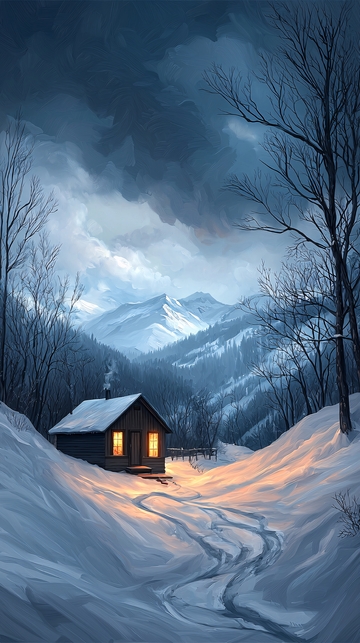 冬夜山间小屋