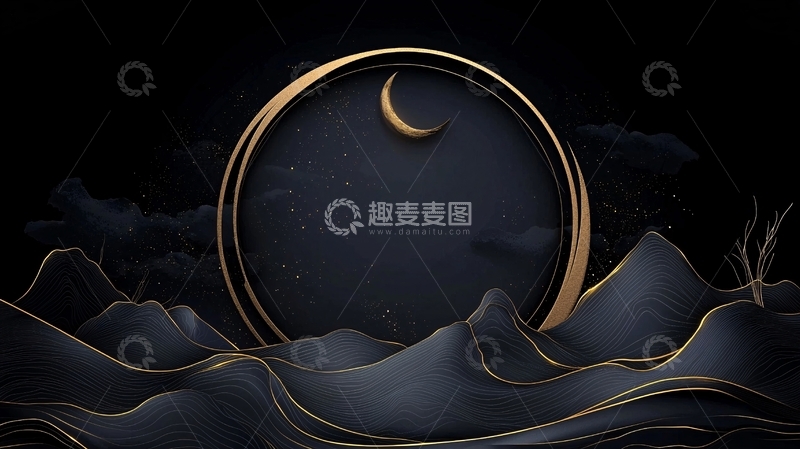 高清大图下载【趣麦麦图】夜空下的山峦与新月