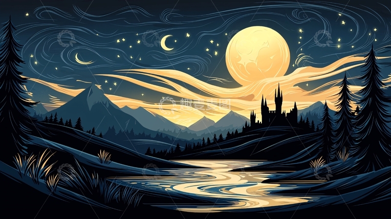 高清大图下载【趣麦麦图】夜景中的城堡与河流