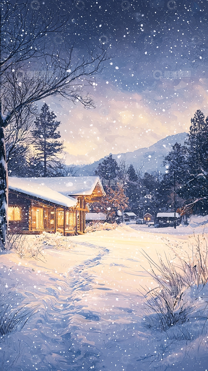 高清大图下载【趣麦麦图】冬夜雪景中的小木屋