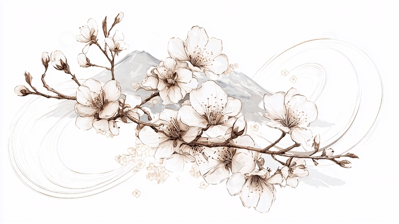 高清大图下载【趣麦麦图】樱花盛开的山景插画