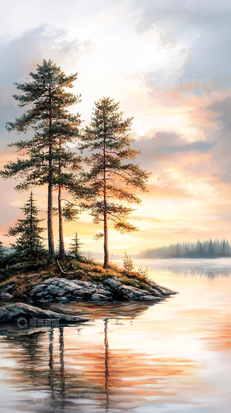 高清大图下载【趣麦麦图】晨曦中的湖畔松树