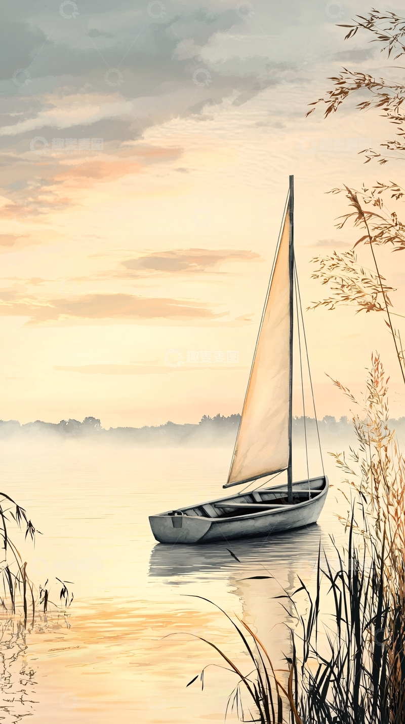 高清大图下载【趣麦麦图】晨雾中的帆船