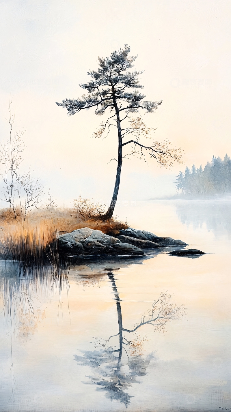 高清大图下载【趣麦麦图】晨雾中的孤独松树