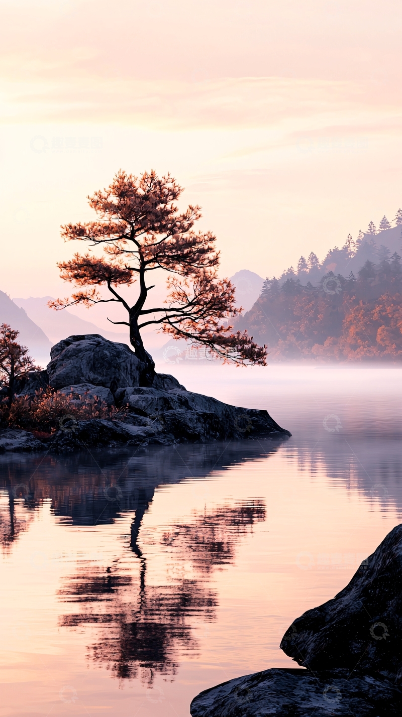 高清大图下载【趣麦麦图】晨雾中的孤树与静谧湖面