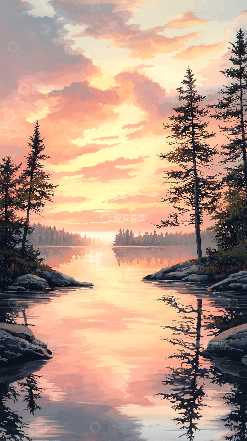 高清大图下载【趣麦麦图】秋日湖畔夕阳美景