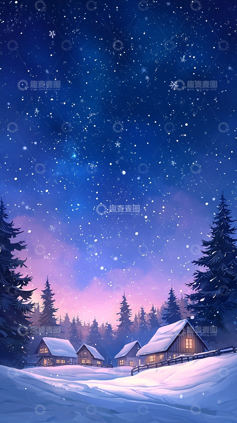 高清大图下载【趣麦麦图】冬夜雪景中的小屋