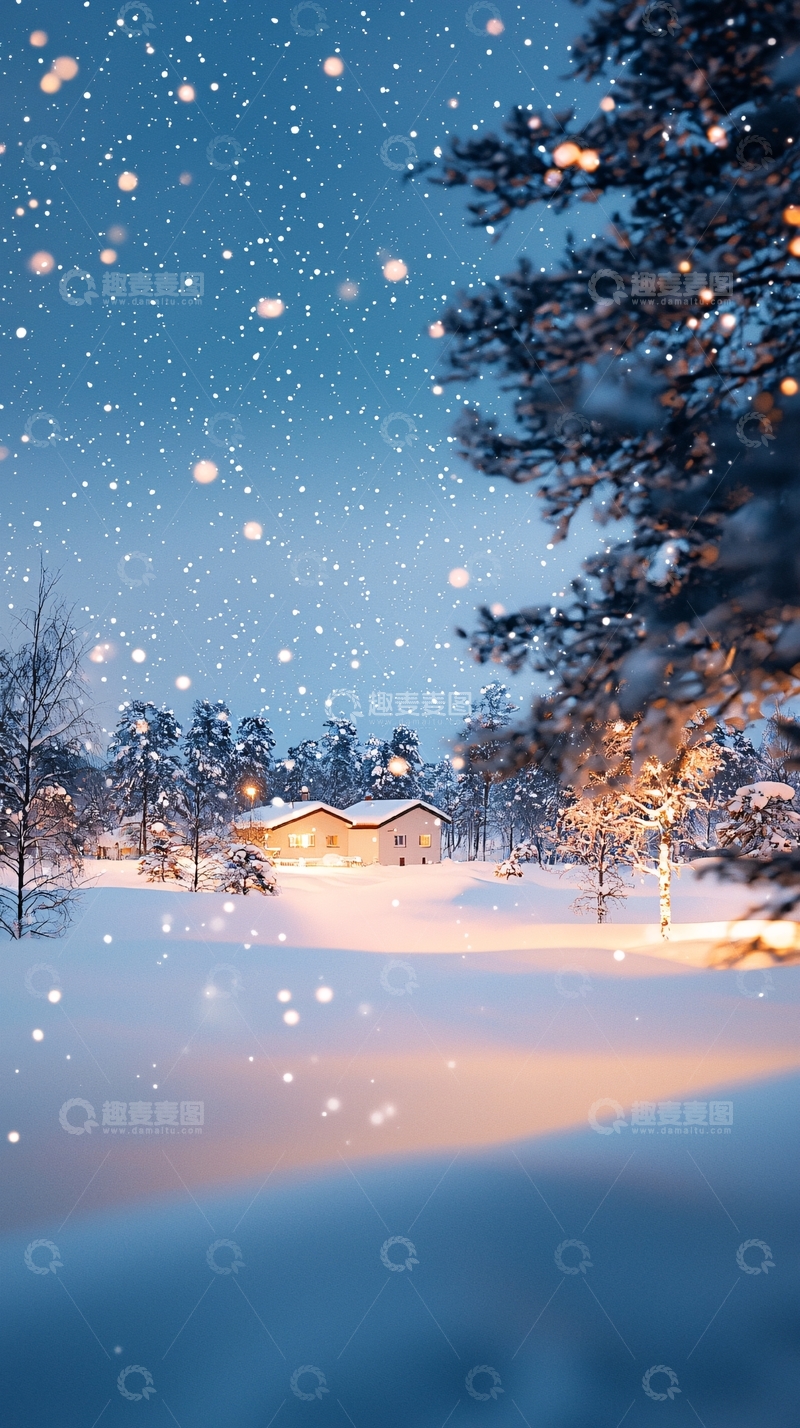 高清大图下载【趣麦麦图】冬夜雪景下的温馨小屋