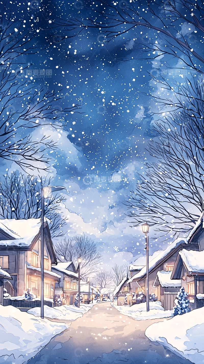 高清大图下载【趣麦麦图】冬夜雪景村庄