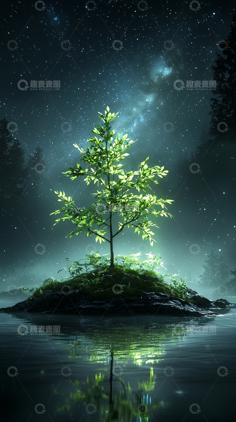 高清大图下载【趣麦麦图】夜空中孤岛上的树