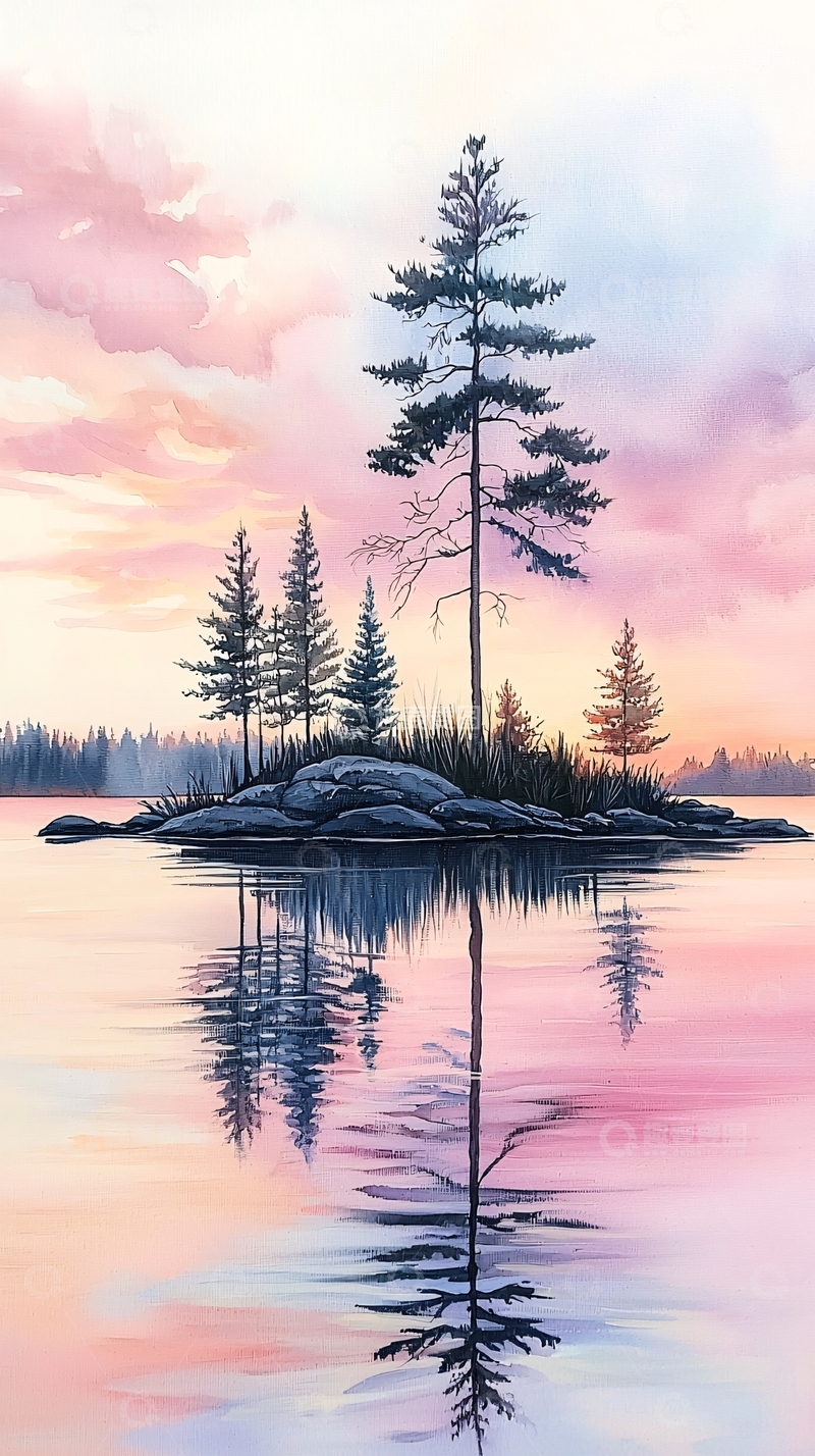 高清大图下载【趣麦麦图】晨曦湖畔孤岛静谧