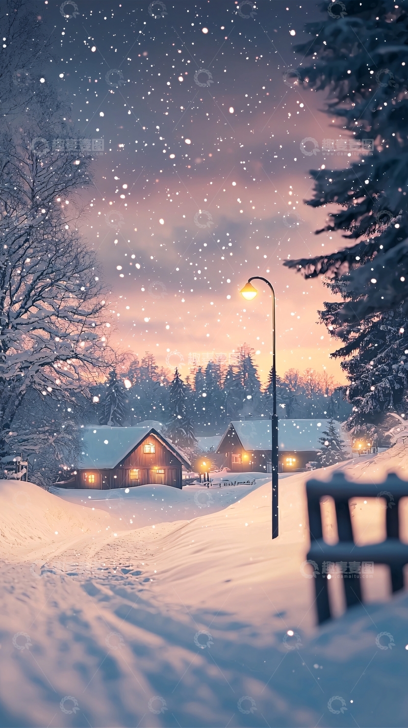 高清大图下载【趣麦麦图】冬夜雪景下的小村庄