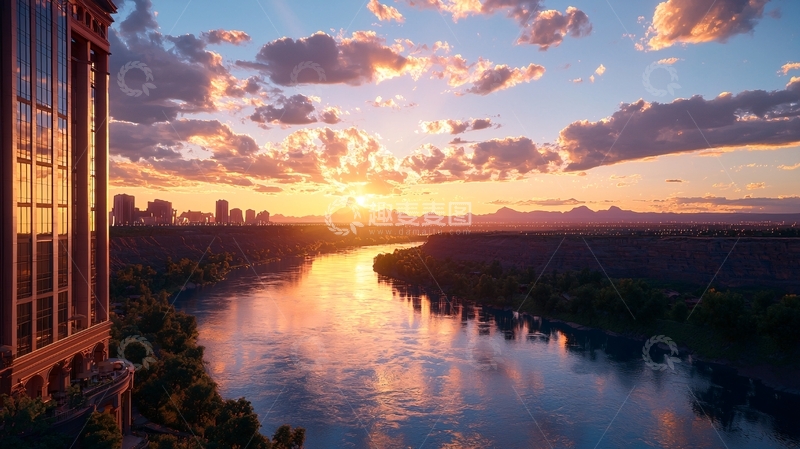 高清大图下载【趣麦麦图】日落时分的城市河景