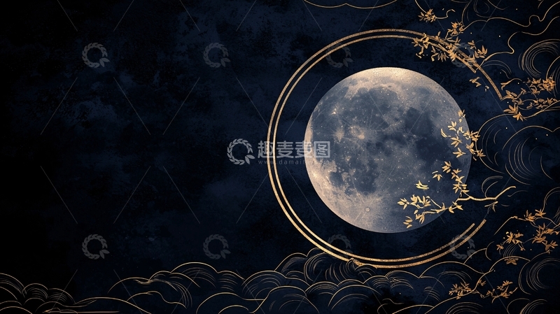 高清大图下载【趣麦麦图】夜空中的满月与金色枝条