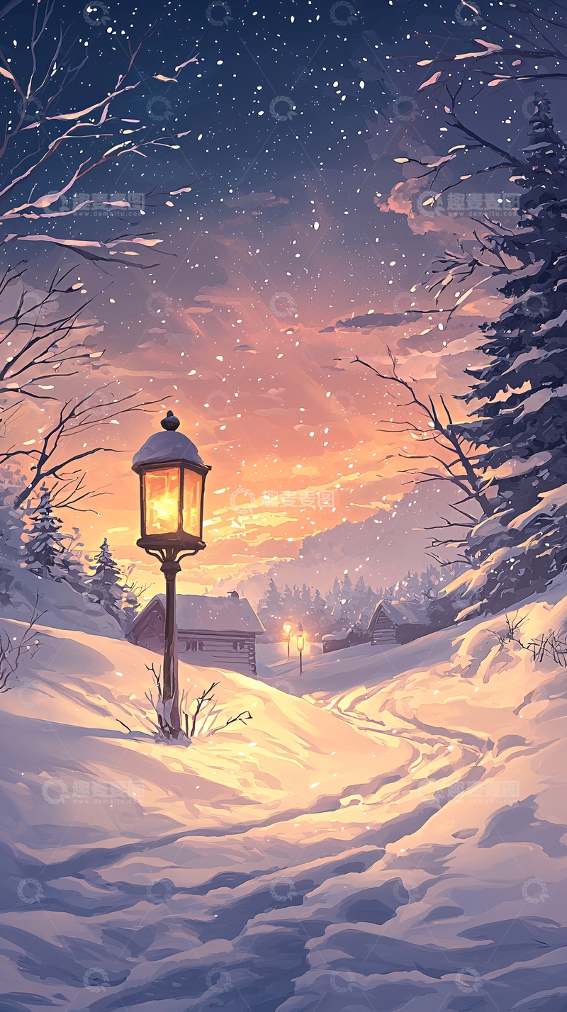 高清大图下载【趣麦麦图】冬夜雪景路灯小屋