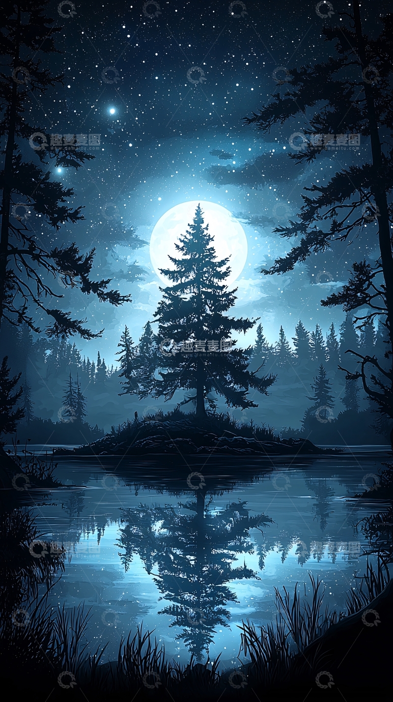 高清大图下载【趣麦麦图】夜色森林湖畔宁静