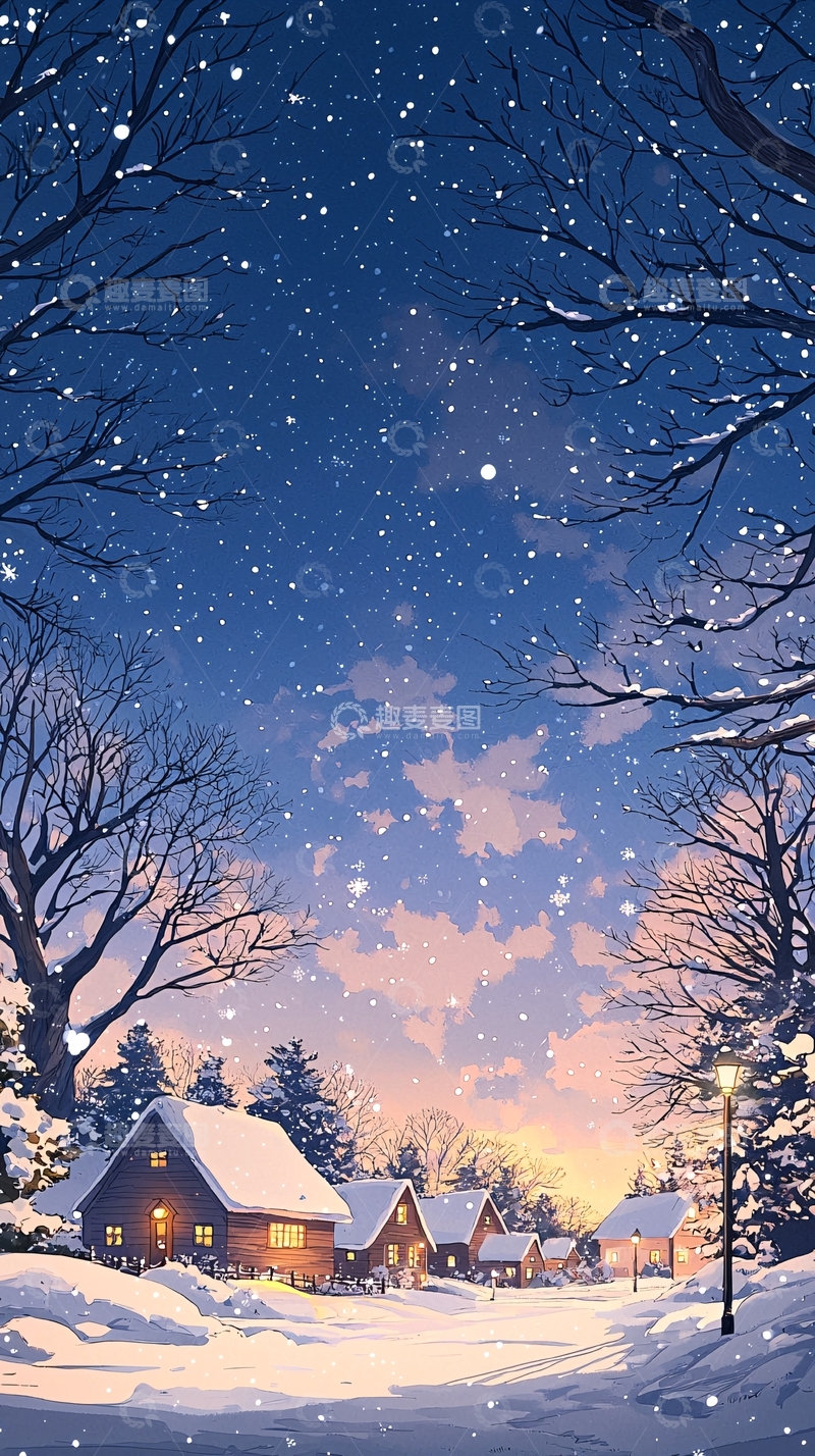 高清大图下载【趣麦麦图】冬夜雪景中的温馨小屋