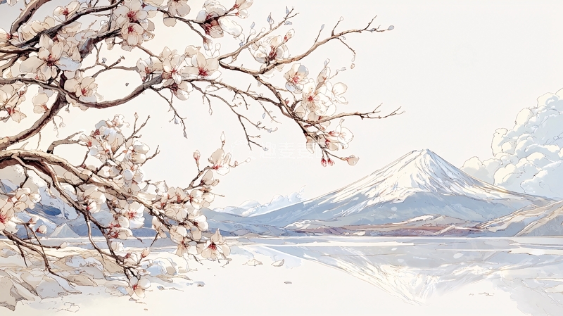 高清大图下载【趣麦麦图】樱花盛开的雪山风景