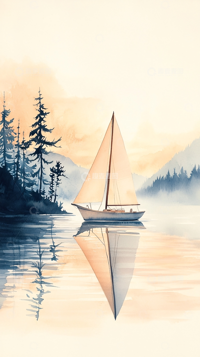 高清大图下载【趣麦麦图】晨雾中的帆船静谧湖景