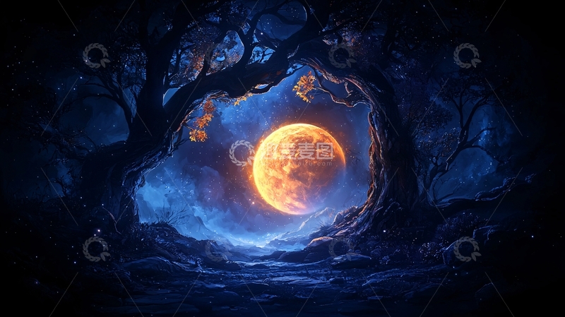 高清大图下载【趣麦麦图】神秘森林中的月亮夜景