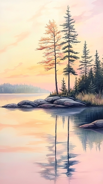 晨曦湖畔松树倒影